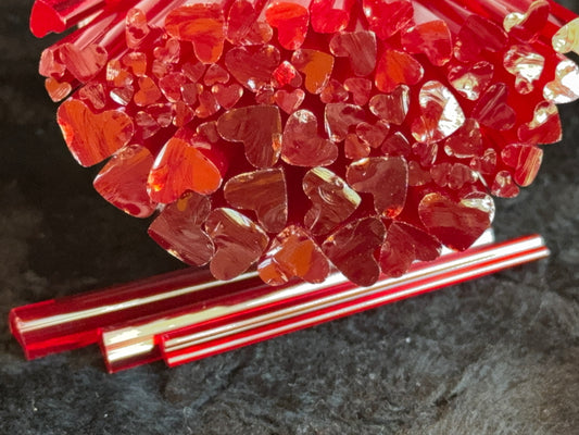 Transparent Light Cherry Red Hearts (sizes vary), 1oz, COE 96 Murrini Millefiori