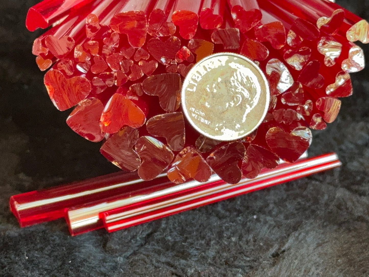 Transparent Light Cherry Red Hearts (sizes vary), 1oz, COE 96 Murrini Millefiori