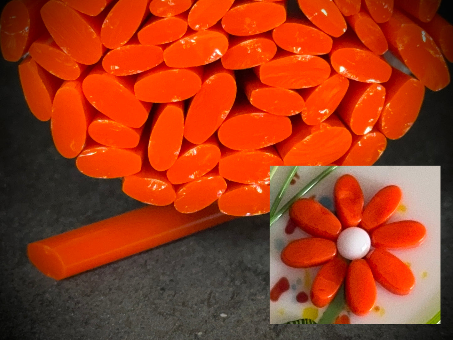 Multi-size Flat-End Orange Daisy Petal, 1.5oz, COE 96 Murrini Millefiori