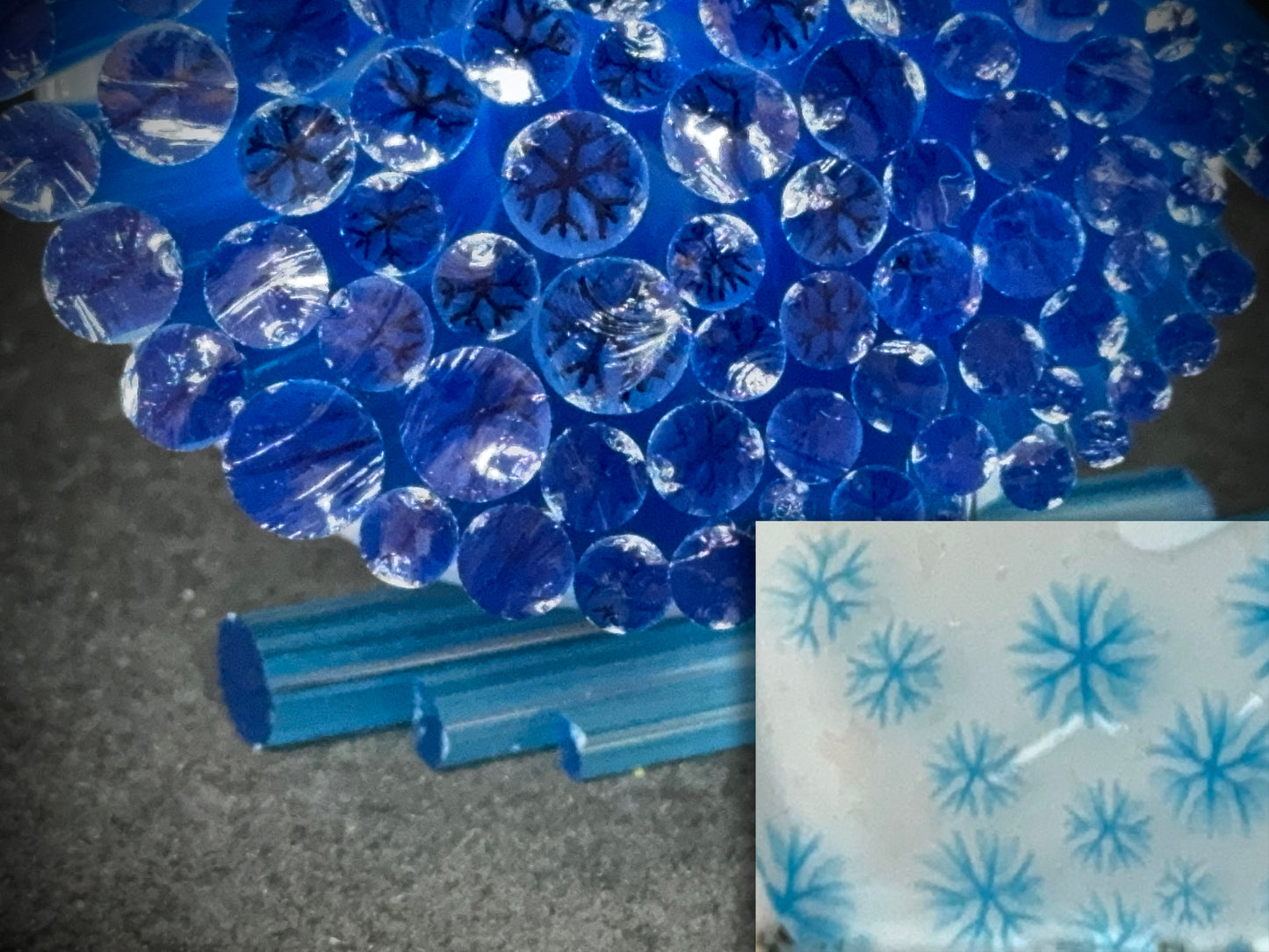 Multi-size Transparent Blue Snowflakes, 1oz, COE 96 Murrini Millefiori