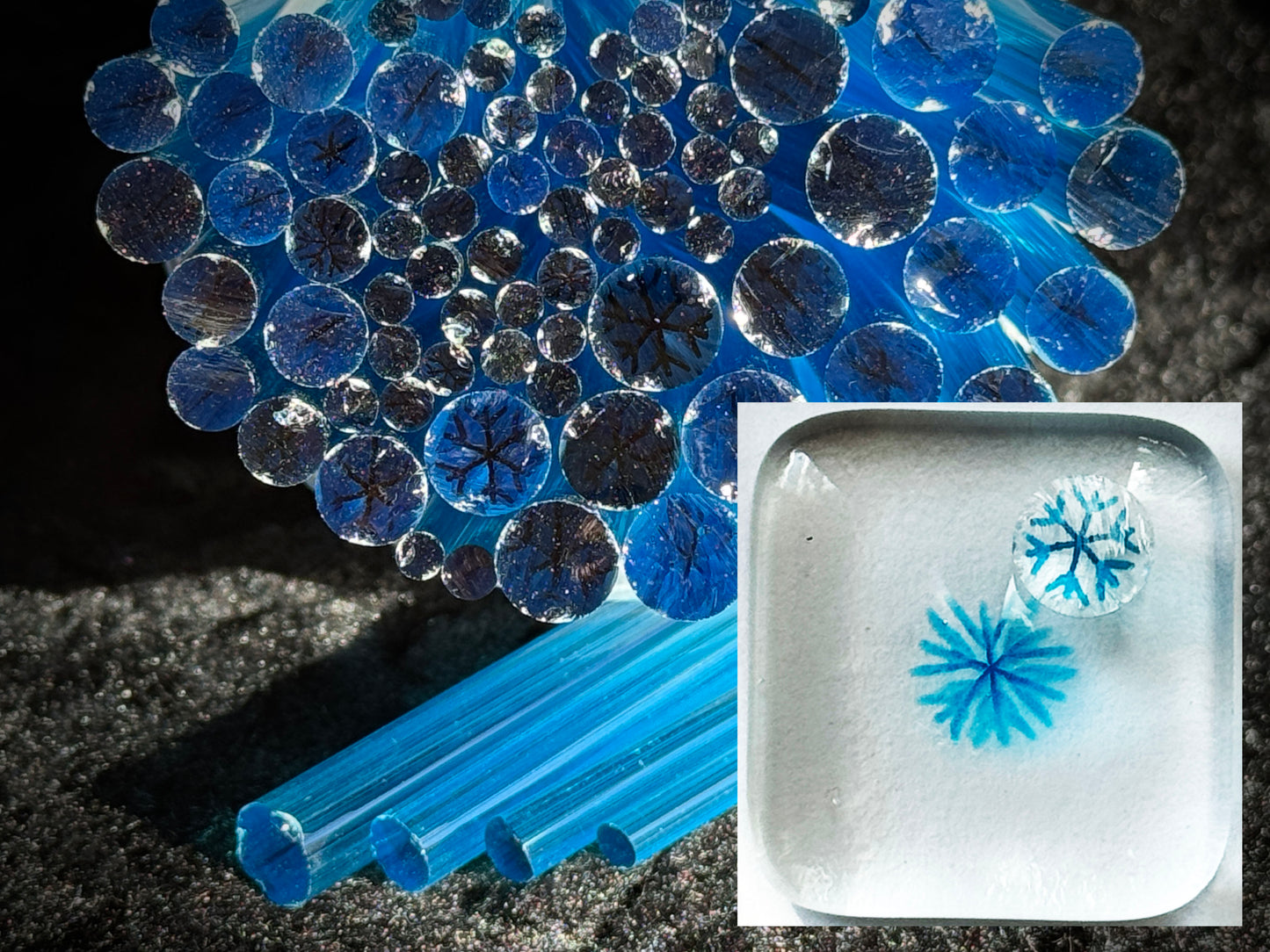 Multi-size Transparent Blue Snowflakes, 1oz, COE 96 Murrini Millefiori