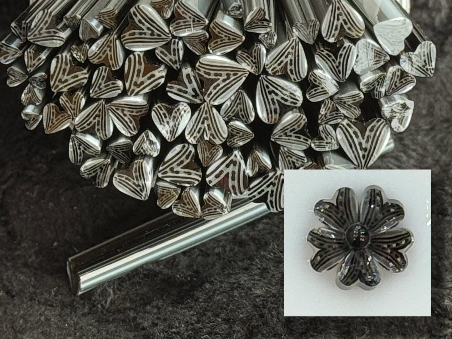 Black and Grey Dotted Multi-sized Hearts, 1oz, COE 96 Murrini Millefiori